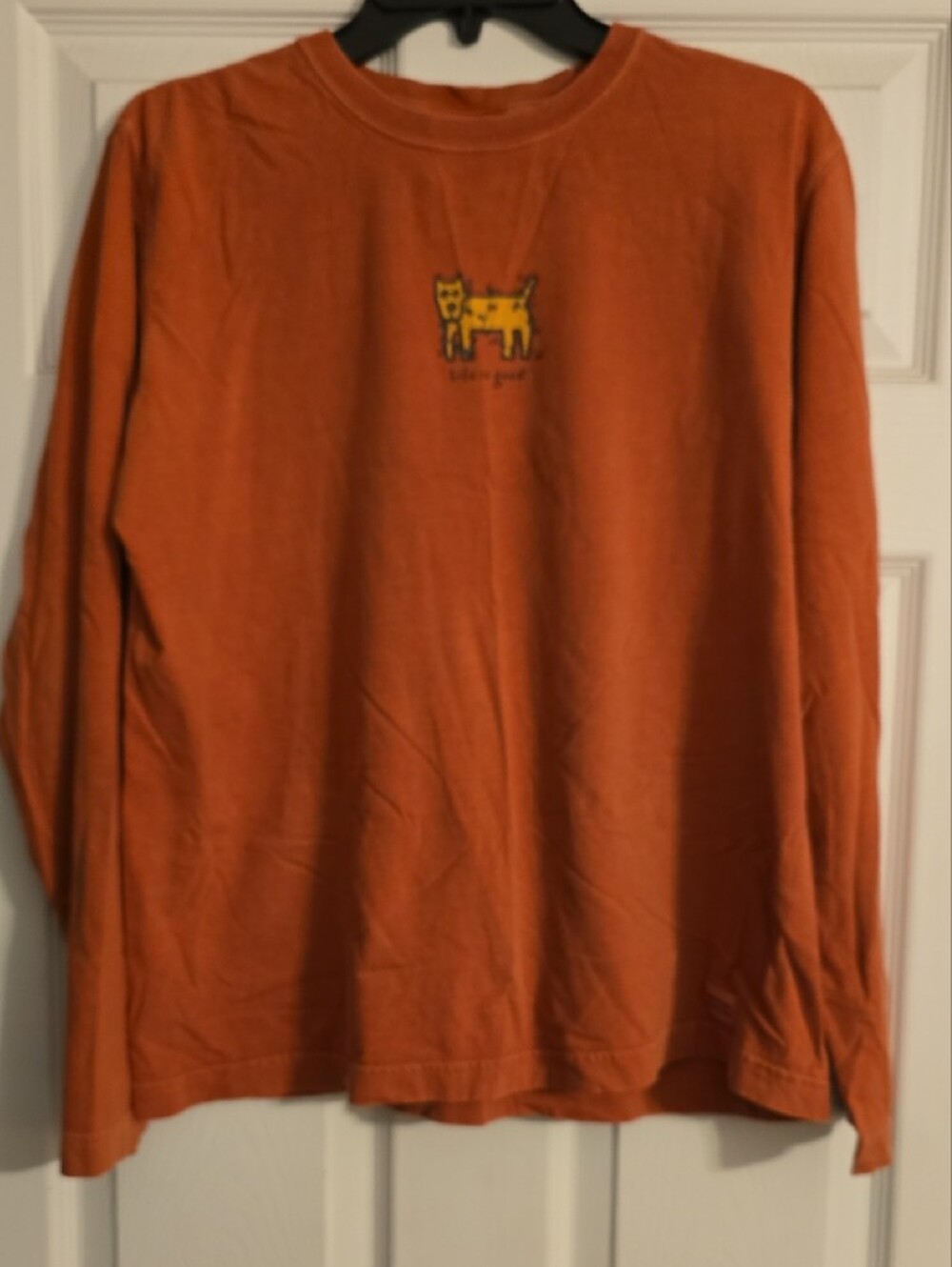 Life Is Good Long-Sleeve Tee in Rust Orange with Christmas Dog Motif